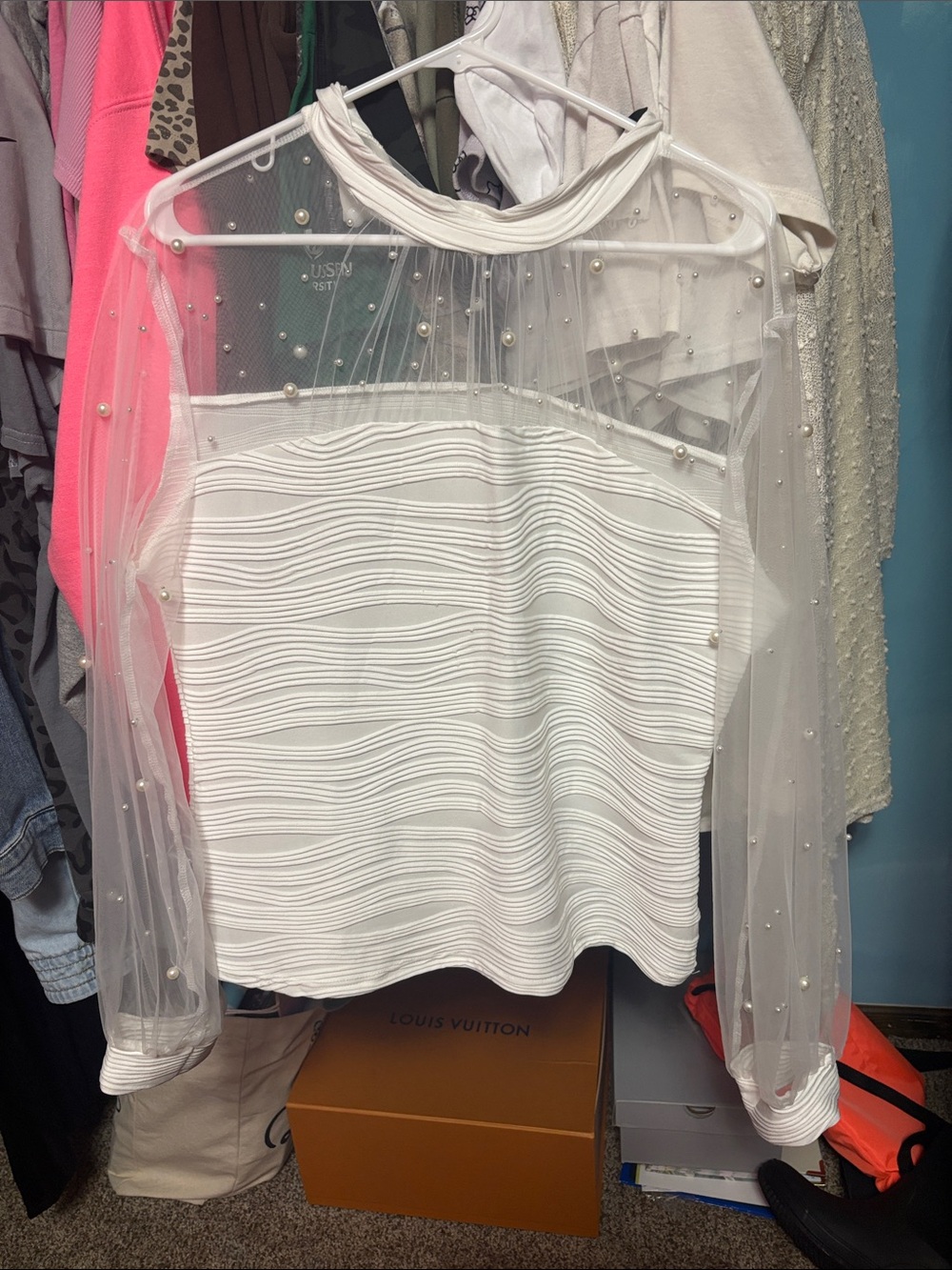 CBR White Pearl-Embellished Mesh Sleeve Top